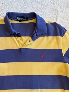 Polo by Ralph Lauren Vintage Yellow and Blue Striped Polo with Red Pony